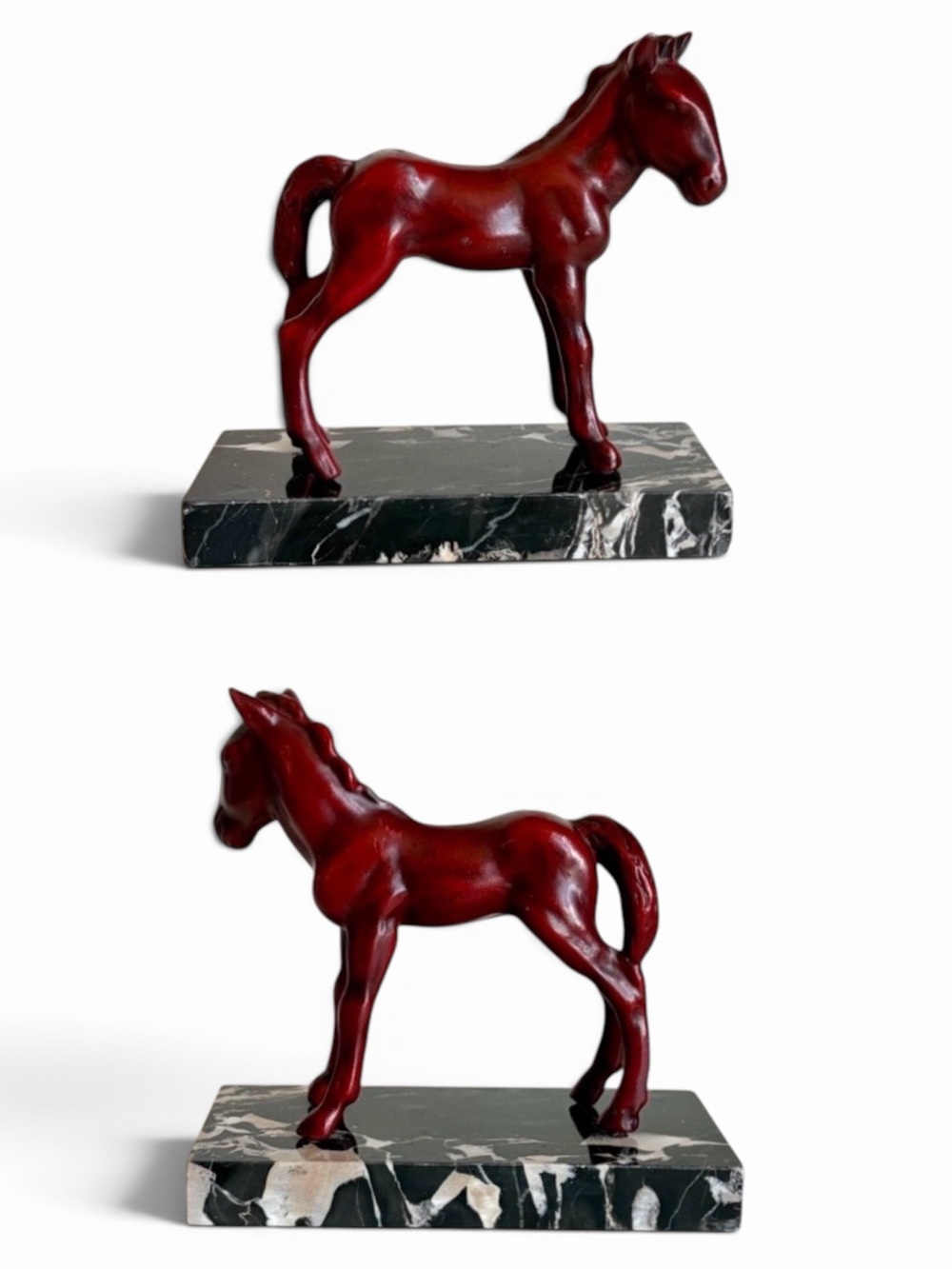 Art Deco Bookends Pair: Red Pony Horse Statues Sculptures on Marble Base 30s 40s